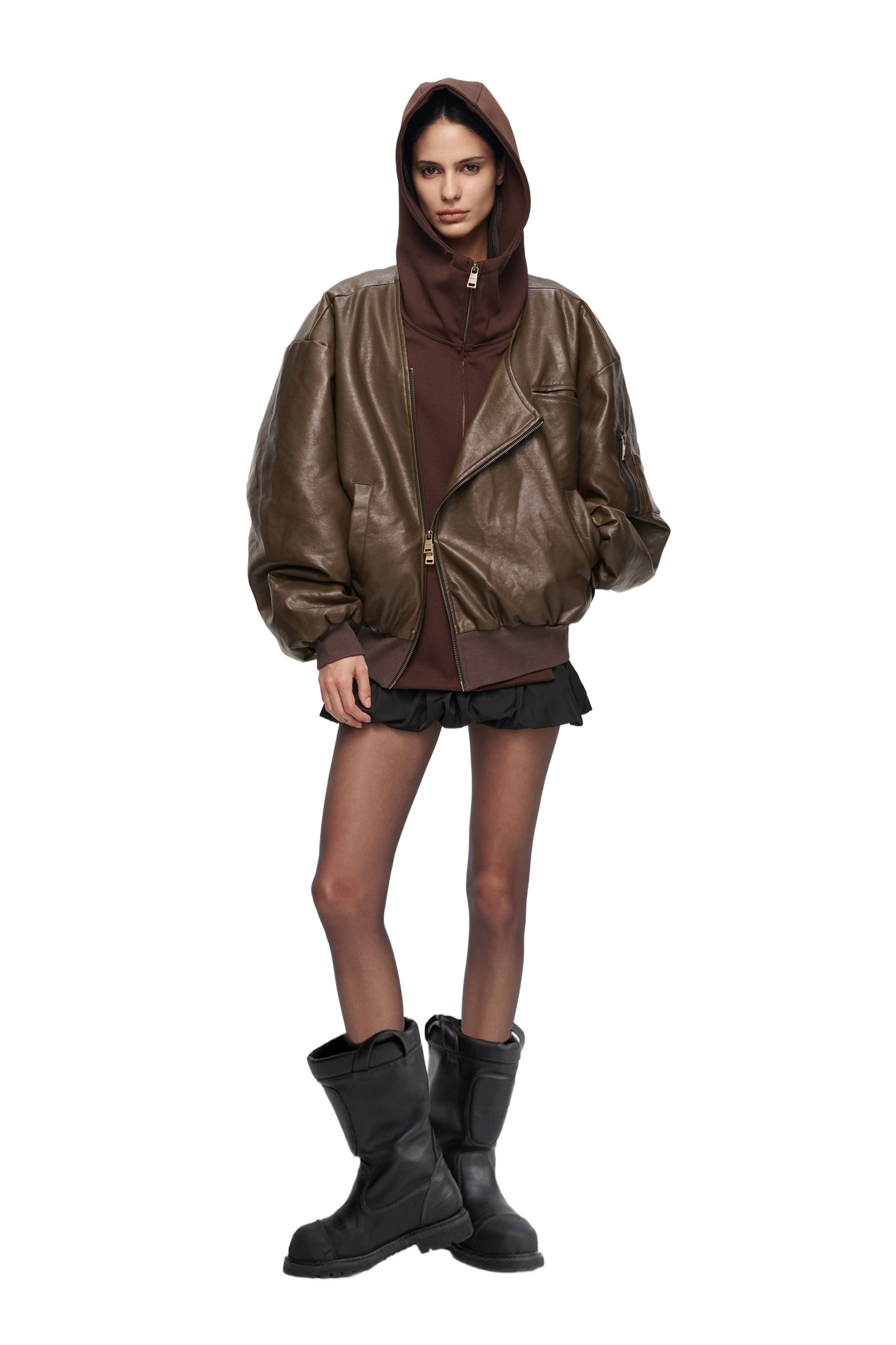YJ1 OVERSIZED LEATHER BOMBER JACKET IN BROWN