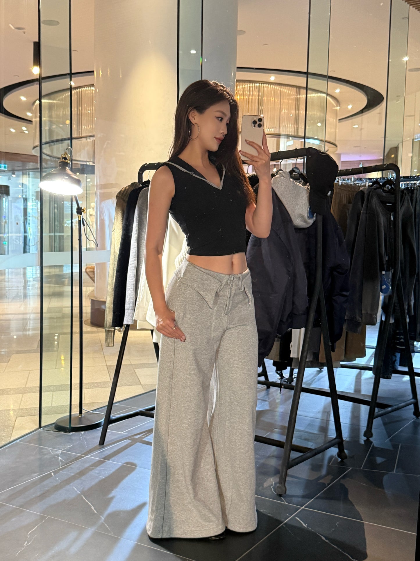 YJ1 DOUBLE-LAYER COLLAR WIDE-LEG PANTS IN GRAY