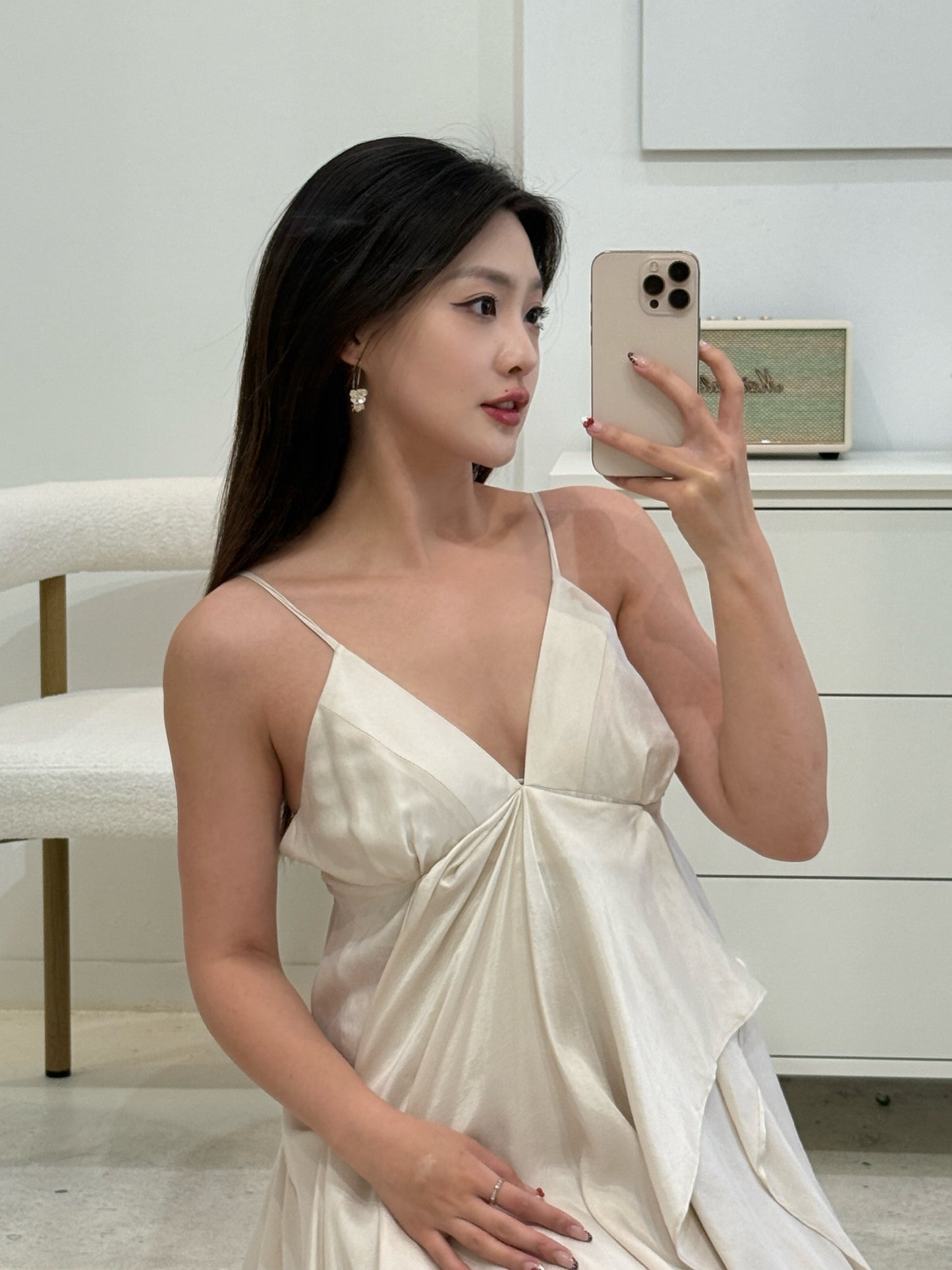 Elywood CREAM DRAPED DOUBLE-LAYER STRAP DRESS