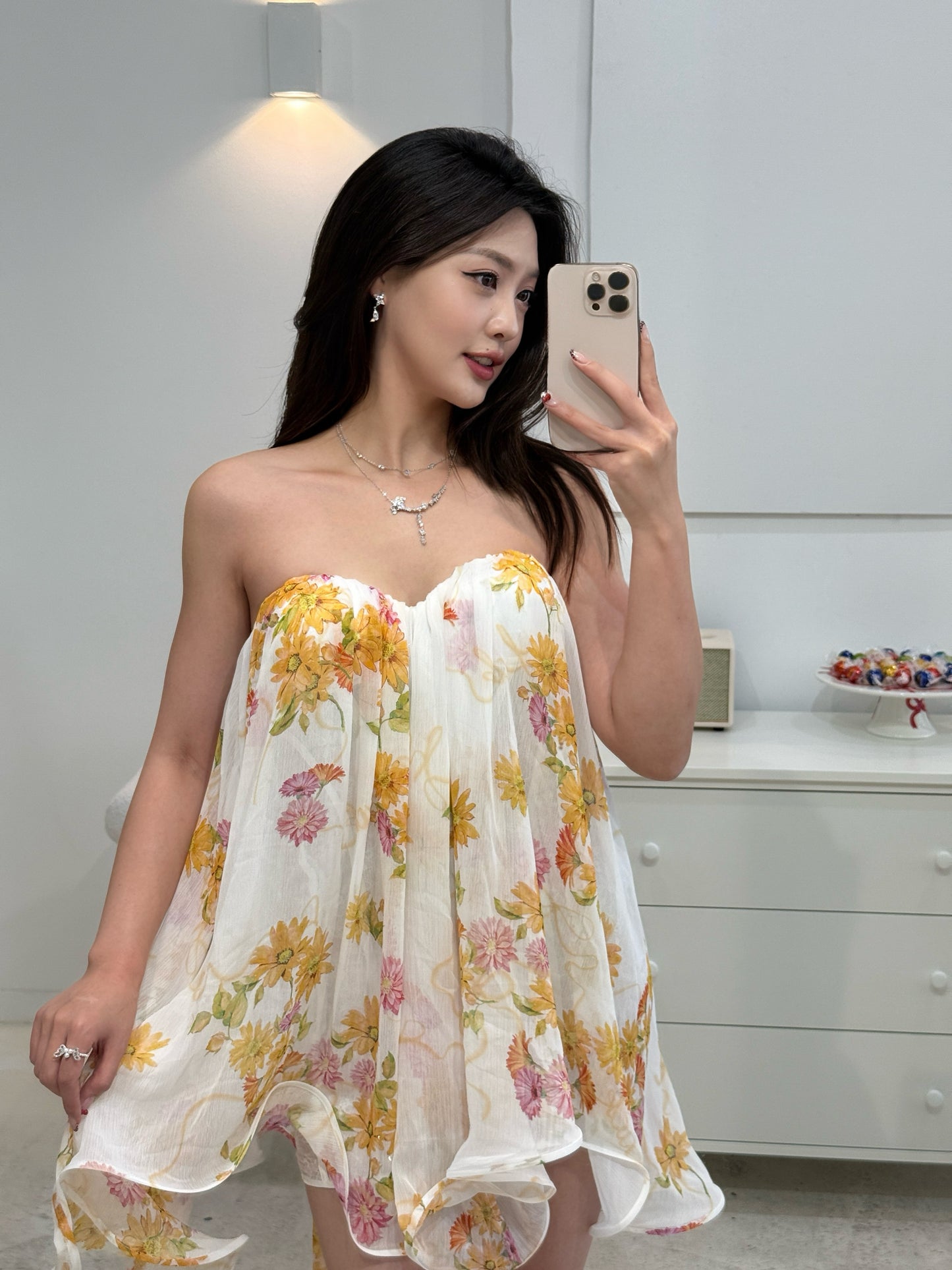 Sheer Luck Thiri Chiffon Tube Top Dress in Daisy