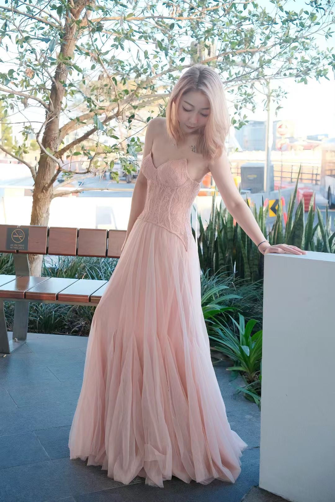 Sheer Luck Heavy Lace Corset Mesh Maxi Dress-pink