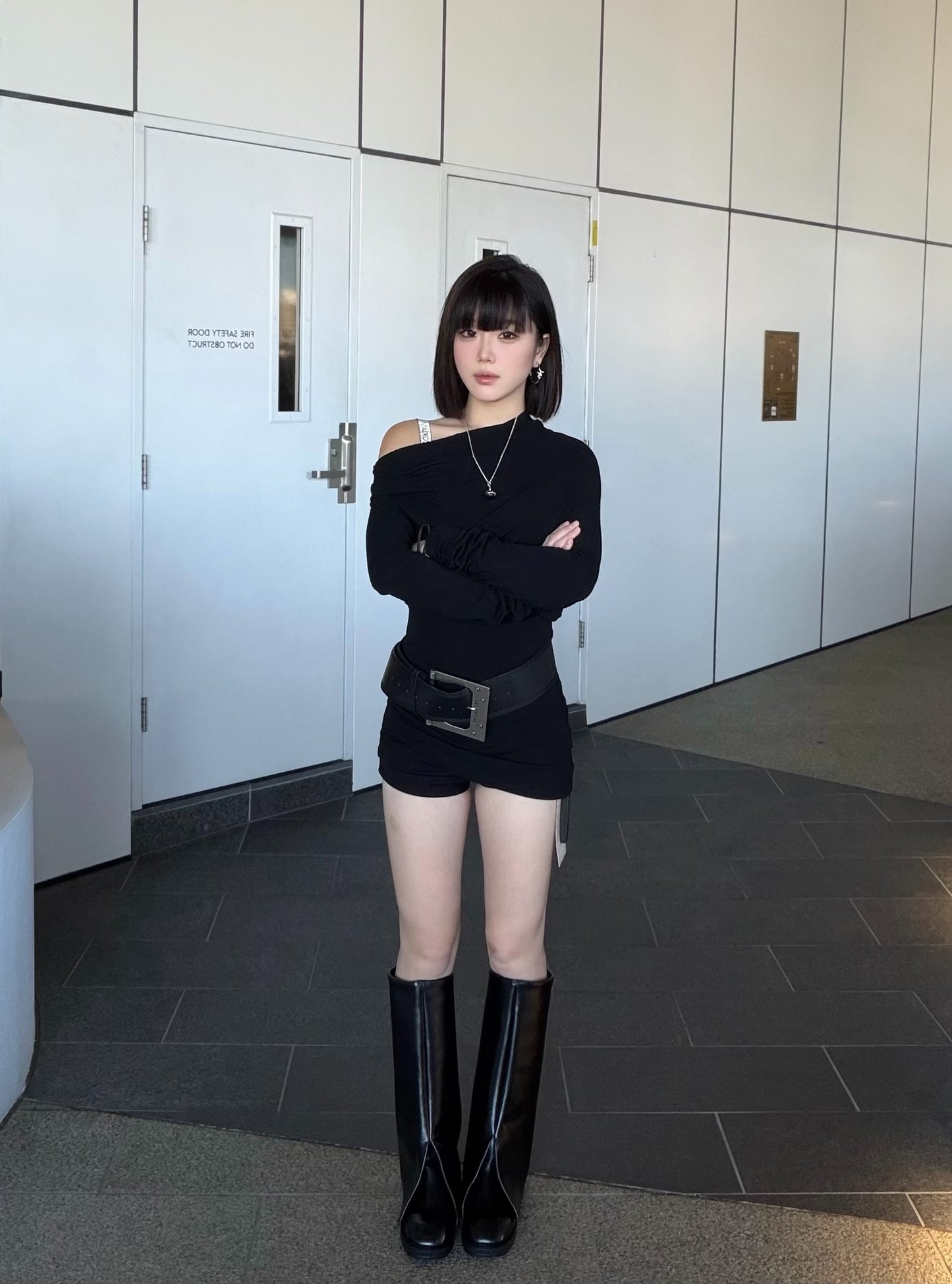 Black leather foldover boots