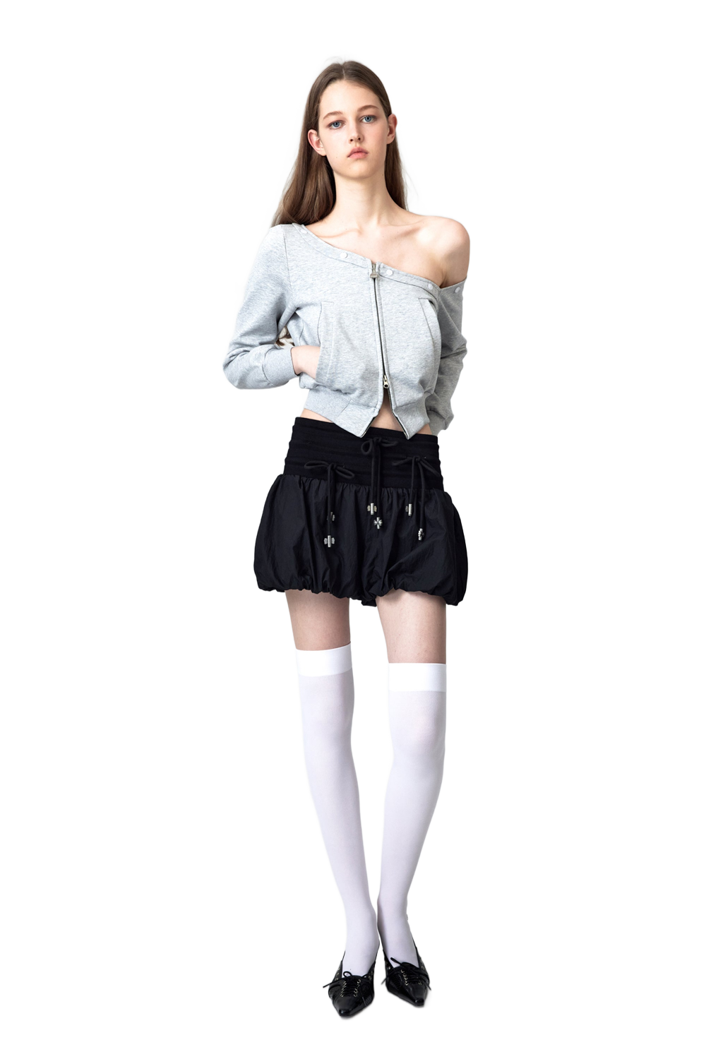 YJ1 ONE SHOULDER FAUX FUR CAPLESS JACKET IN GRAY