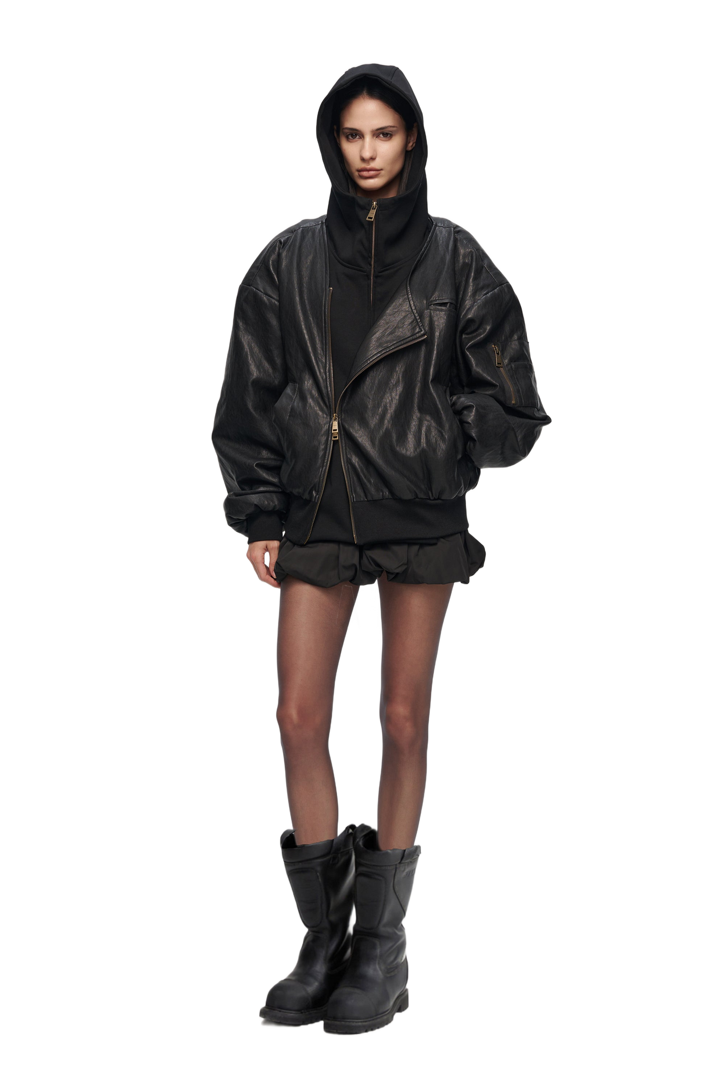 YJ1 OVERSIZED LEATHER BOMBER JACKET IN BLACK