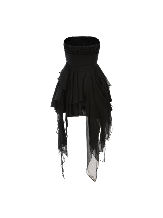 BLACK FOLD PLEATED STRAPLESS SHORT DRESS