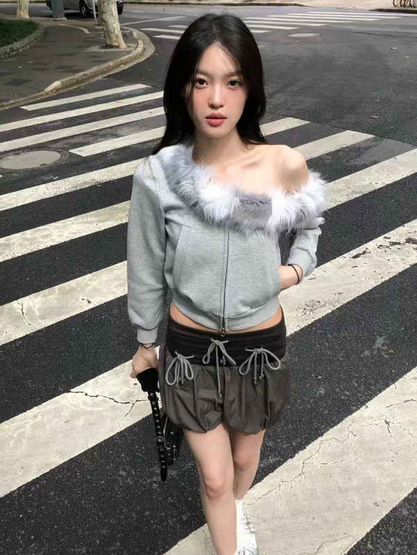YJ1 ONE SHOULDER FAUX FUR CAPLESS JACKET IN GRAY