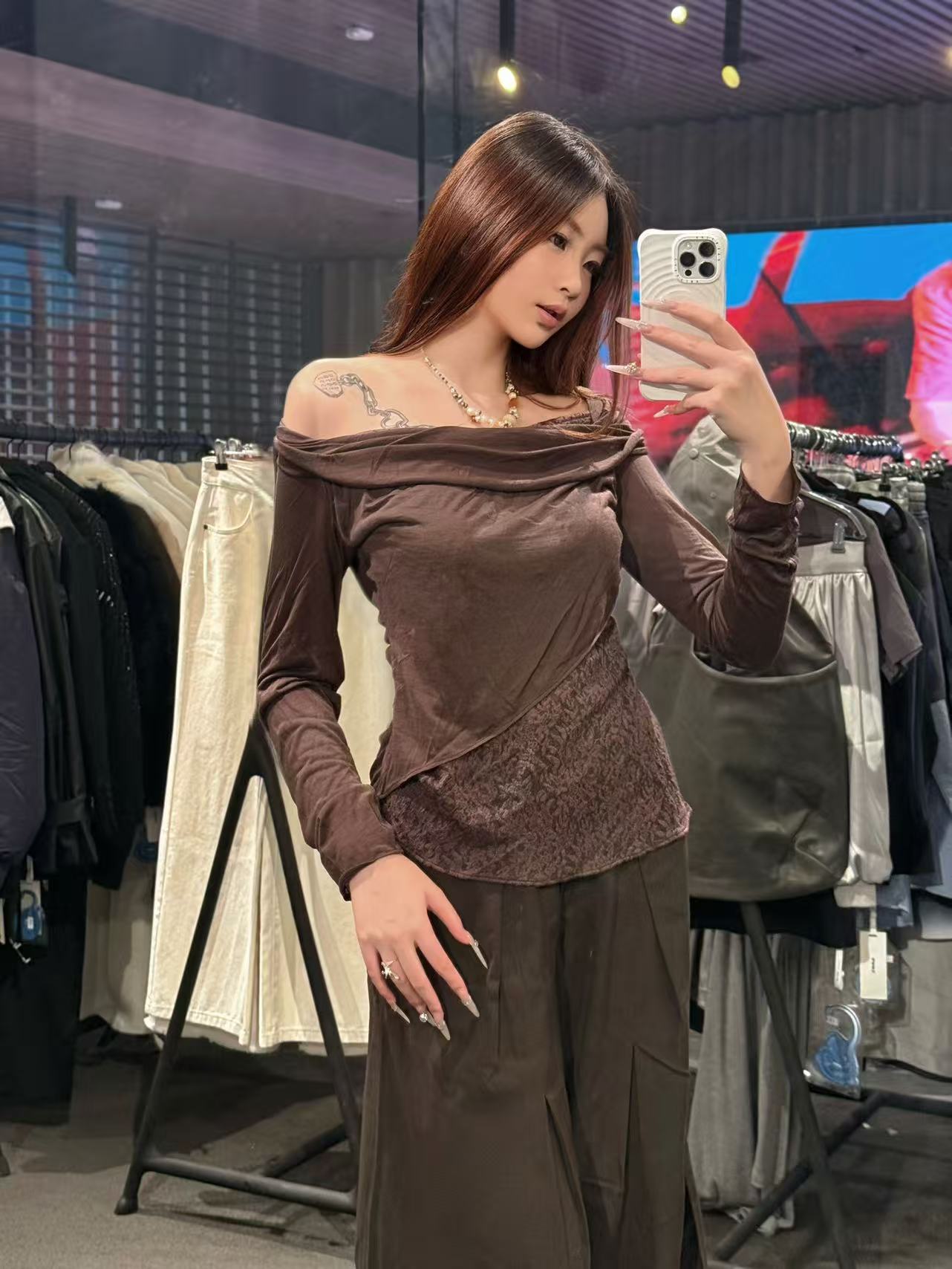 ELYWOOD DARK BROWN KNIT LACE DRAPED NECK TOP