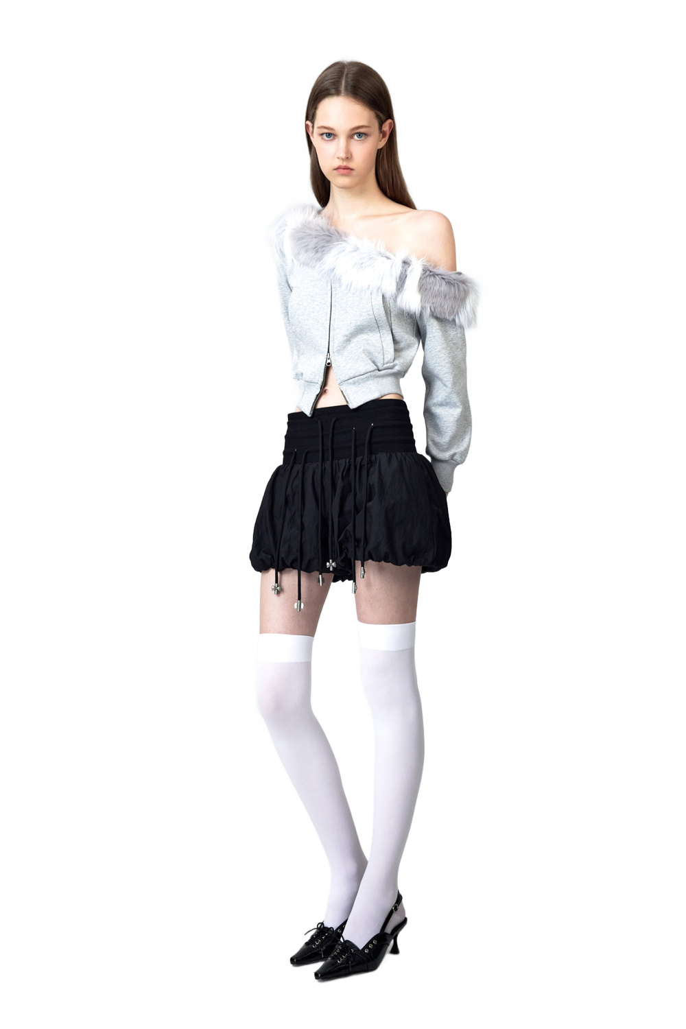 YJ1 ONE SHOULDER FAUX FUR CAPLESS JACKET IN GRAY