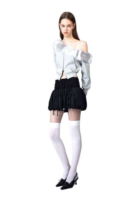 YJ1 ONE SHOULDER FAUX FUR CAPLESS JACKET IN GRAY