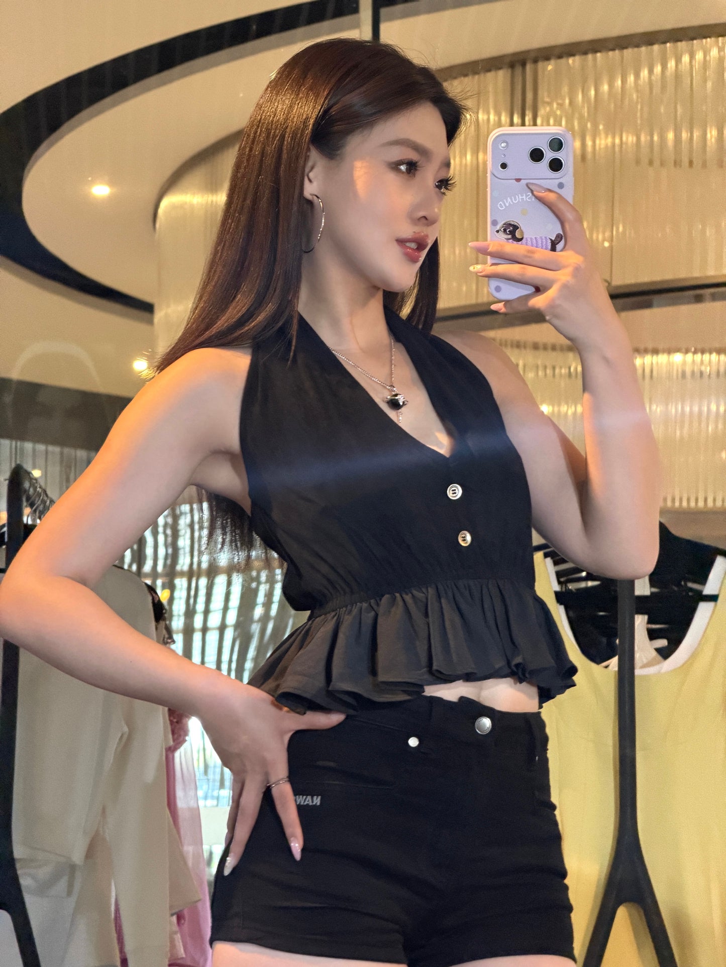 YJ1 HALTER RUFFLE HEM DEEP V CROP TOP