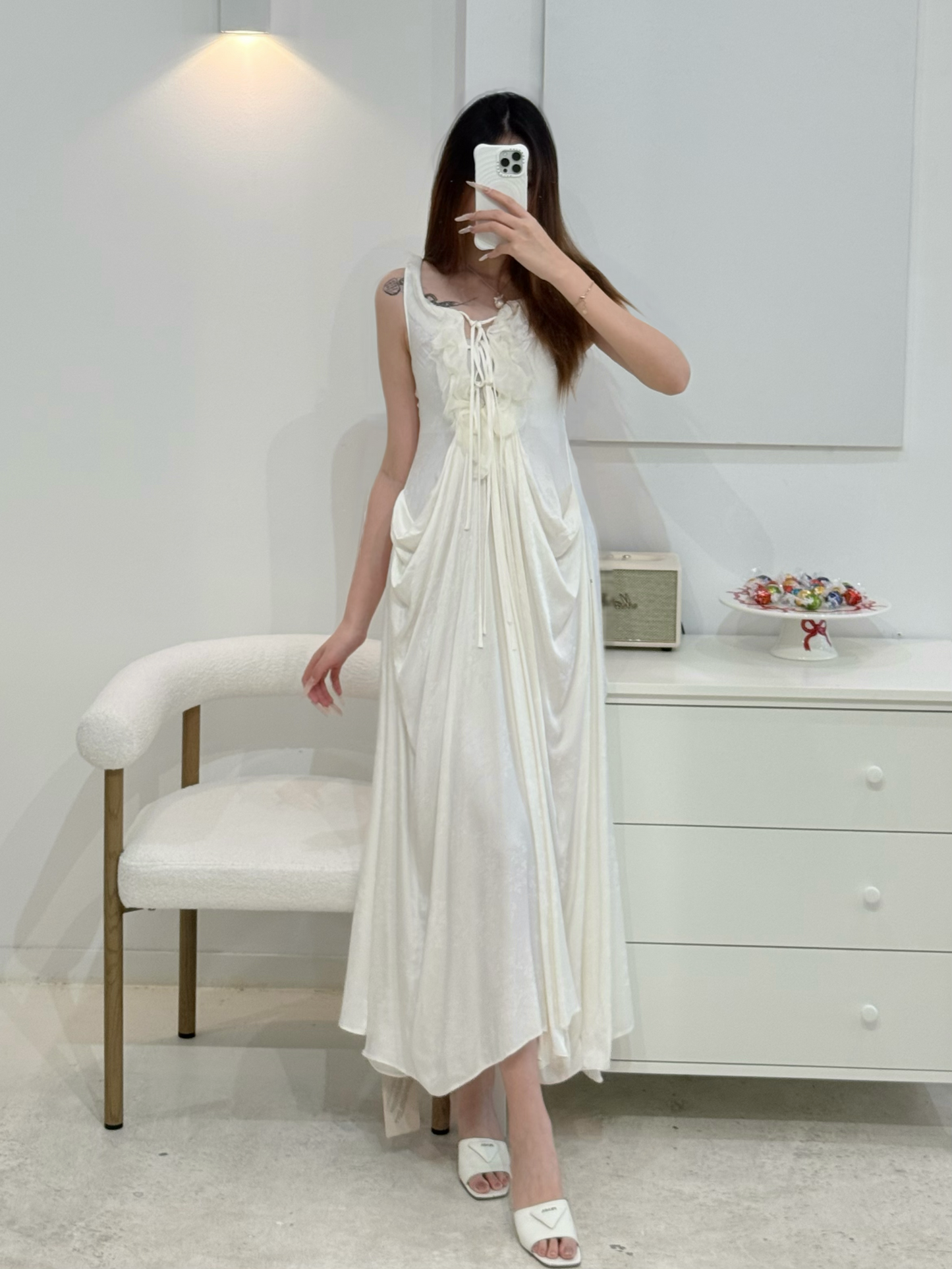 ELYWOOD WHITE DRAPED TIE-FRONT DRESS