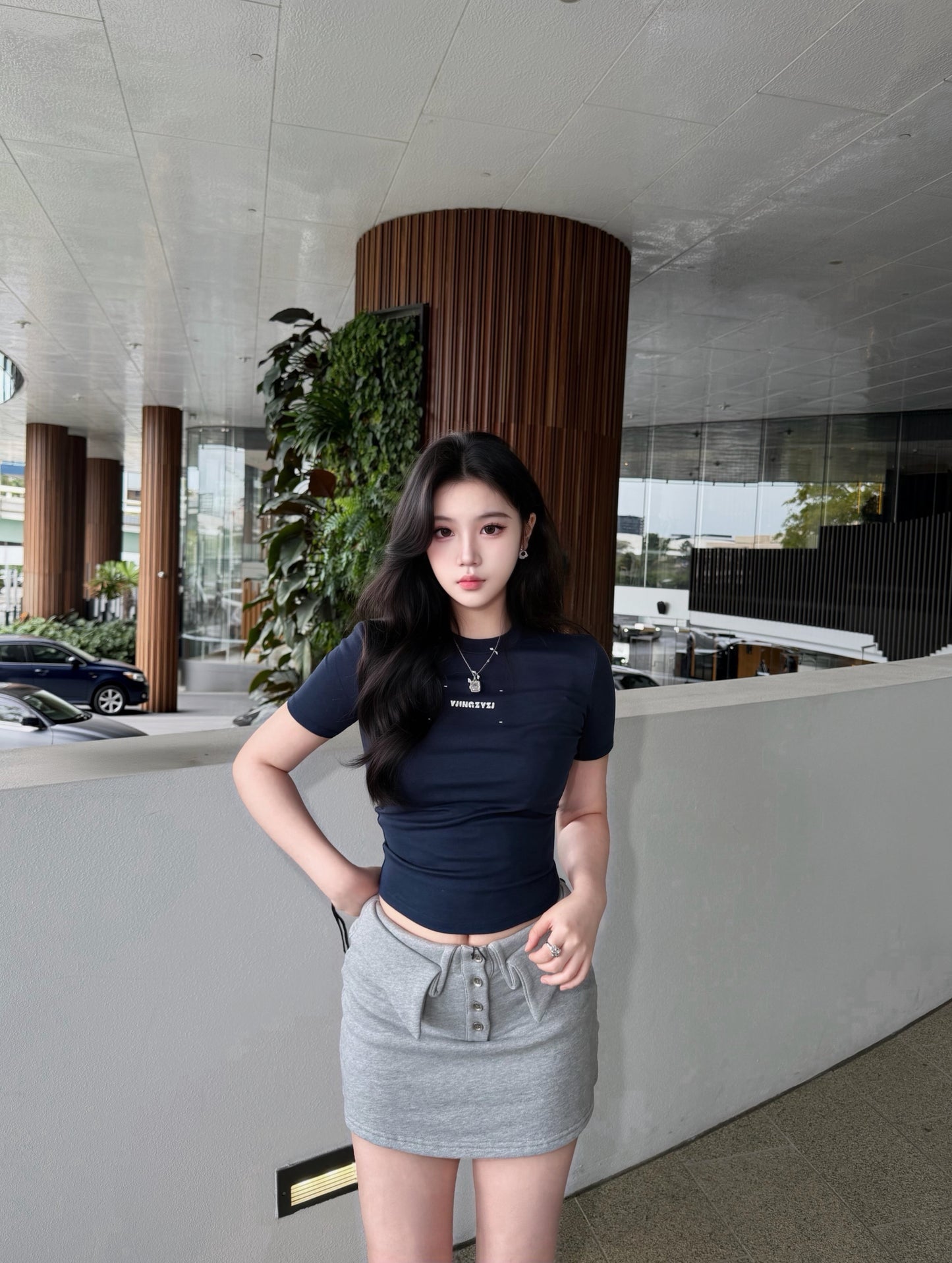 YJ1 FOLD-OVER WAIST BUTTON MINI SKIRT IN GRAY