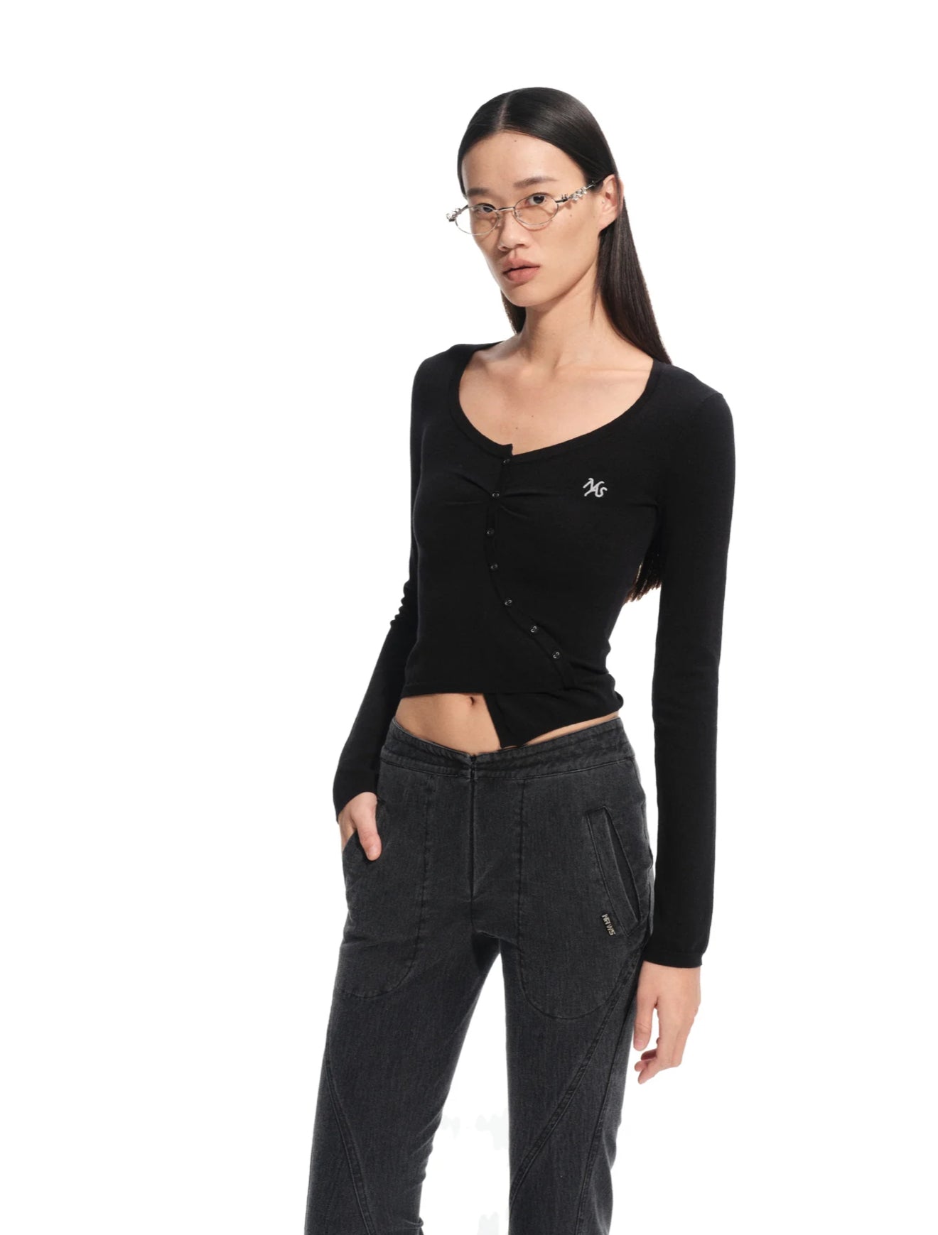 NAWS STARRY NIGHT BLACK BLU ASYMMETRIC FRONT KNIT SWEATER