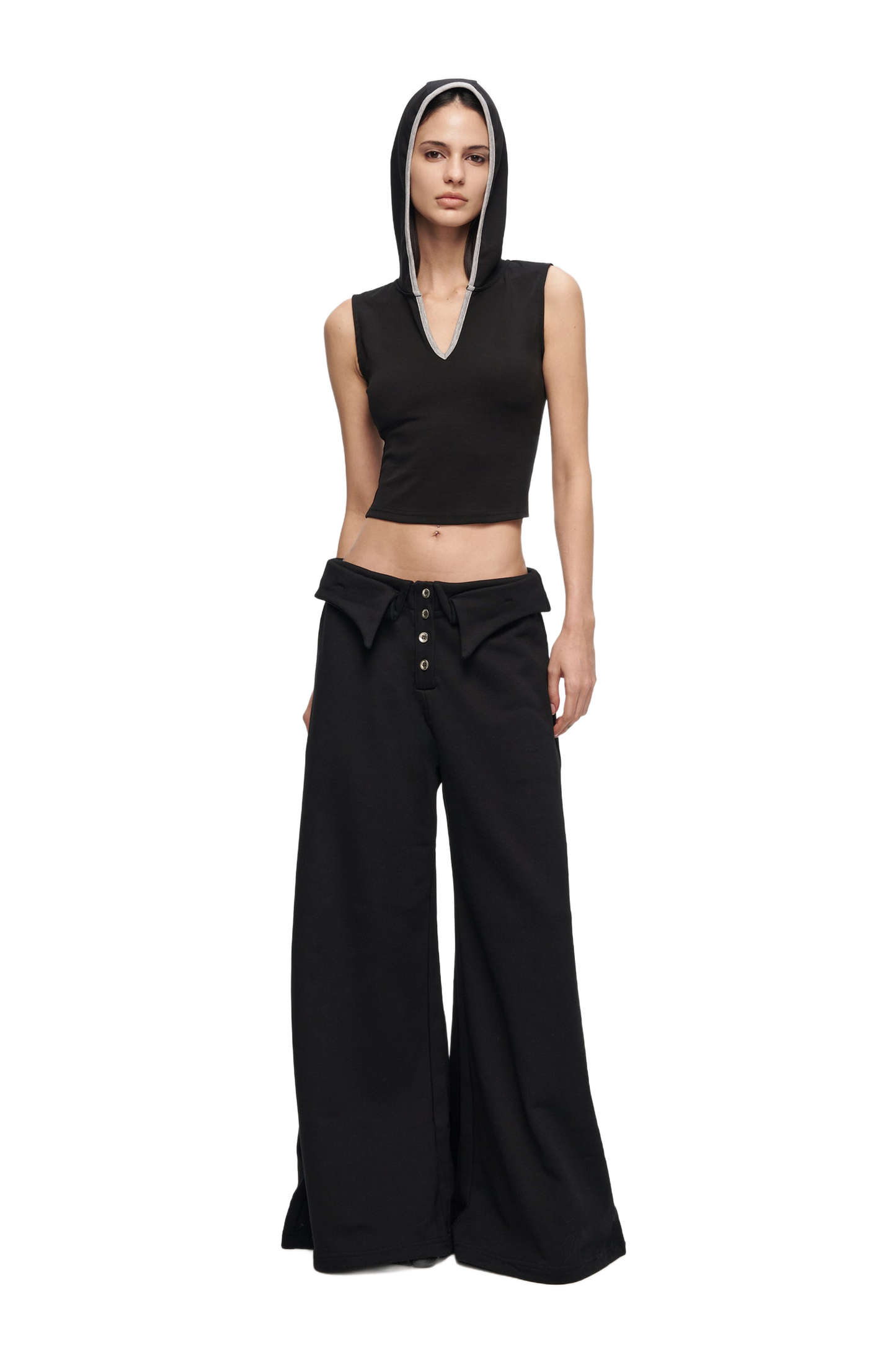 YJ1 V-CUTOUT HOODED SLEEVELESS TRIM TOP IN BLACK