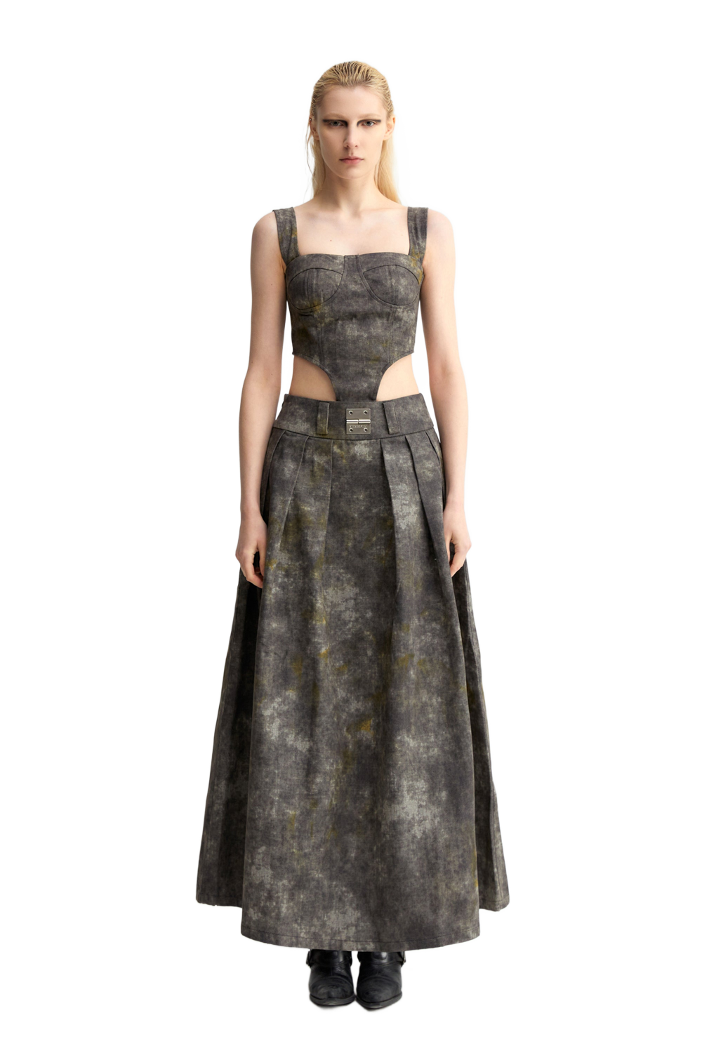 YJ1 DENIM ACID-WASH LONG SKIRT IN GRAY