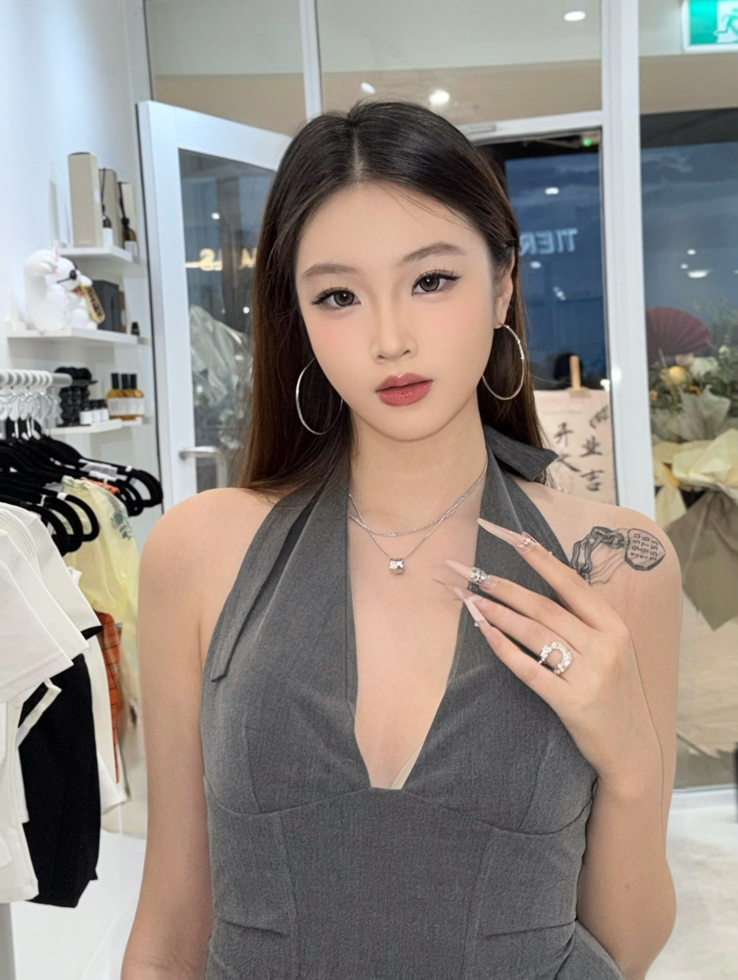 YJ1 GREY HALTER NECK LACE-UP MINI DRESS