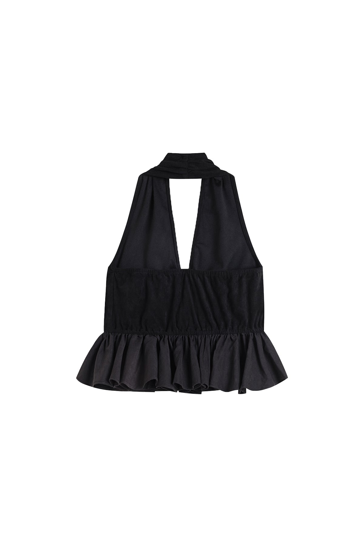 YJ1 HALTER RUFFLE HEM DEEP V CROP TOP
