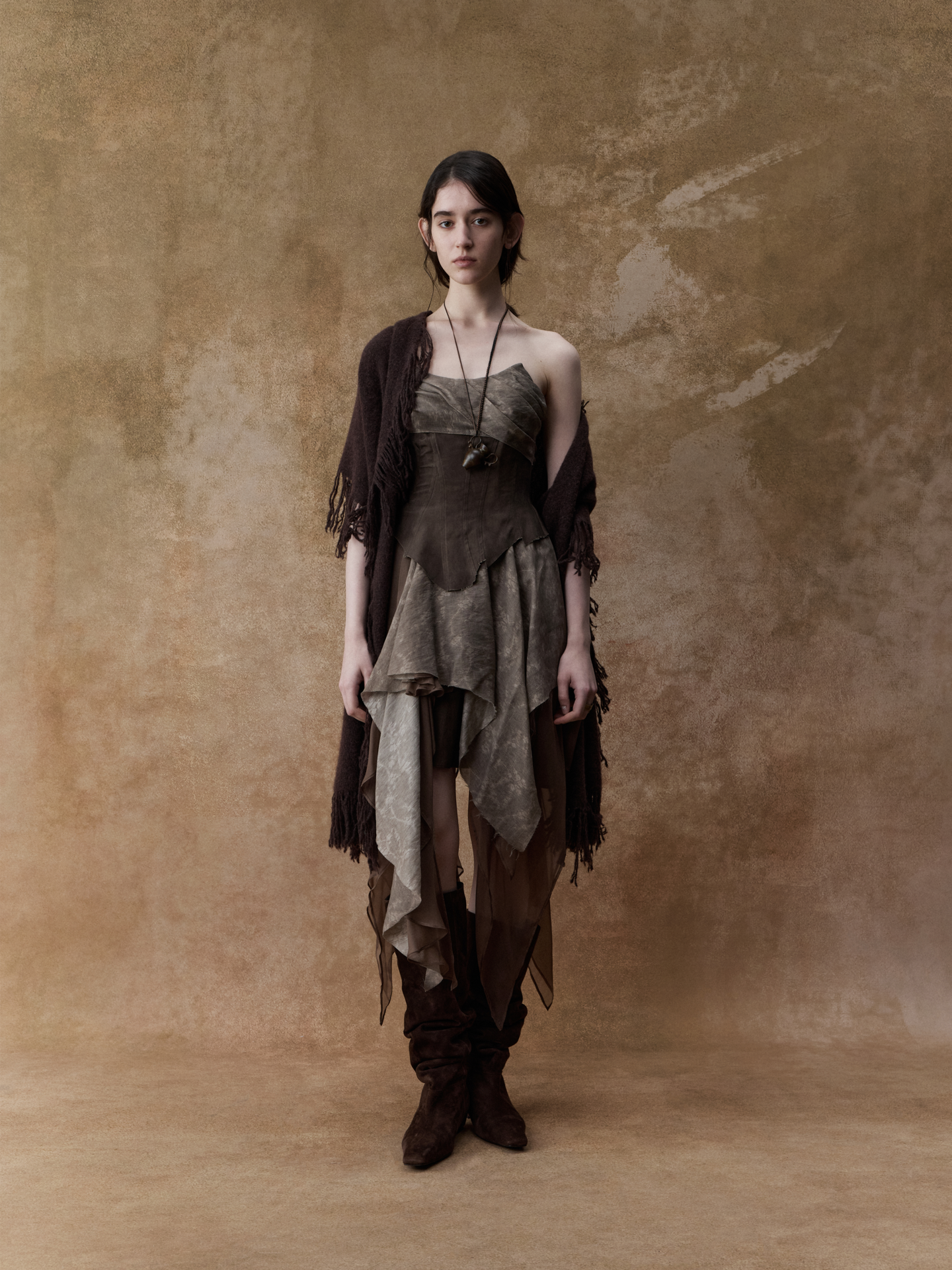 ELYWOOD DARK BROWN JACQUARD PLEATED TUBE DRESS