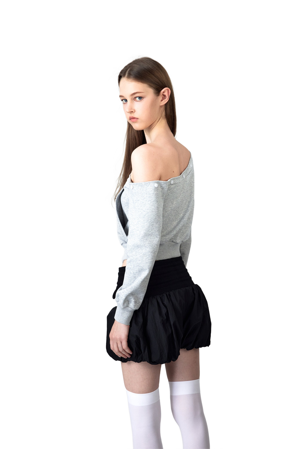 YJ1 ONE SHOULDER FAUX FUR CAPLESS JACKET IN GRAY