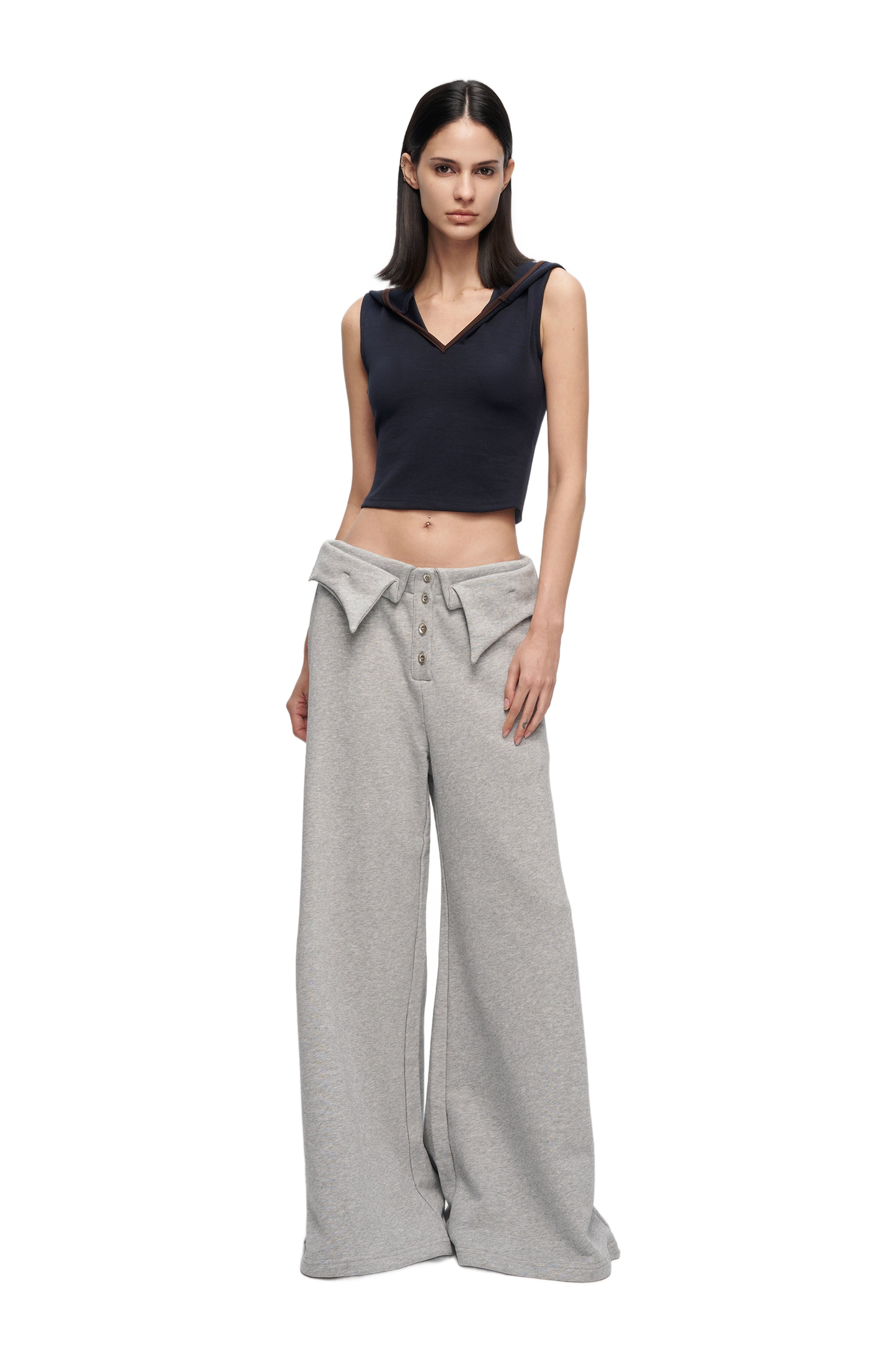 YJ1 V-CUTOUT HOODED SLEEVELESS TRIM TOP IN DARK BLUE