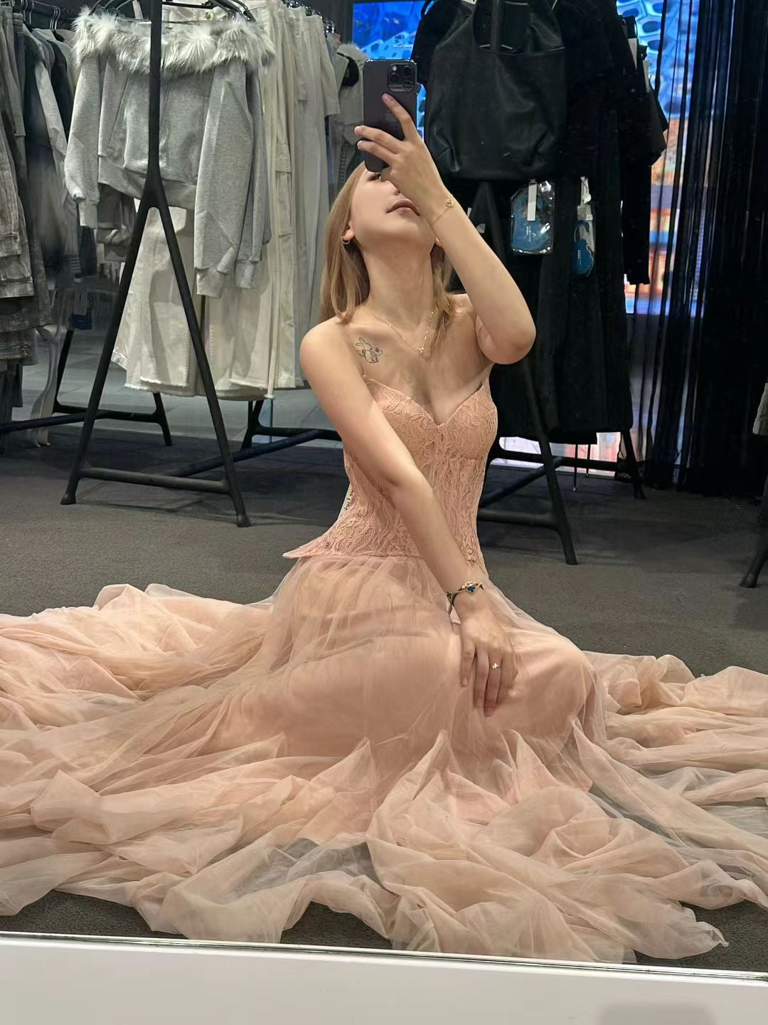 Sheer Luck Heavy Lace Corset Mesh Maxi Dress-pink