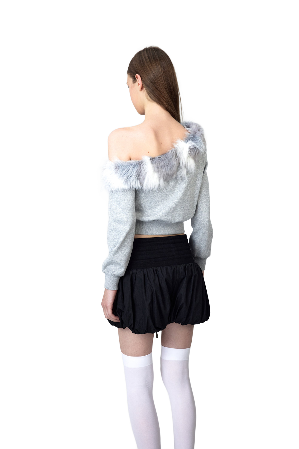 YJ1 ONE SHOULDER FAUX FUR CAPLESS JACKET IN GRAY
