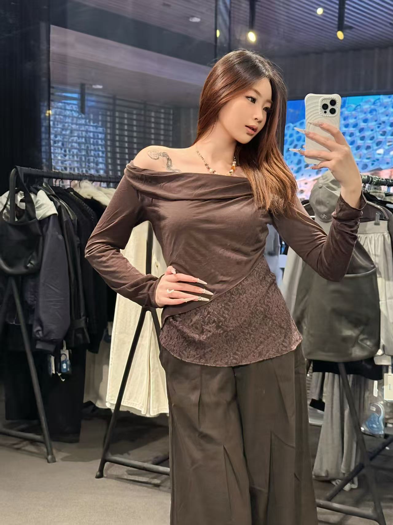 ELYWOOD DARK BROWN KNIT LACE DRAPED NECK TOP