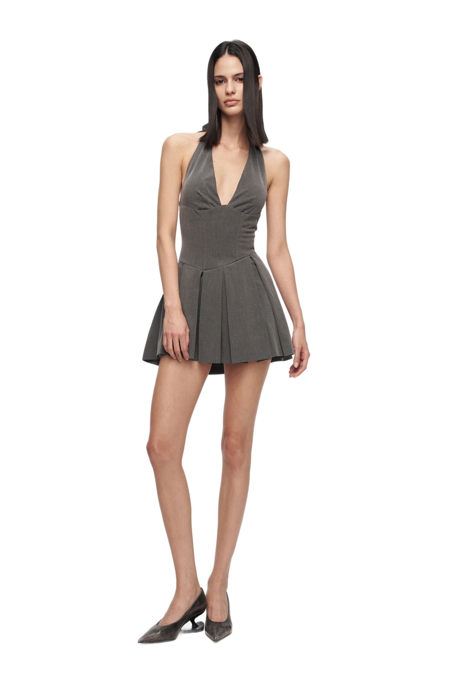 YJ1 GREY HALTER NECK LACE-UP MINI DRESS