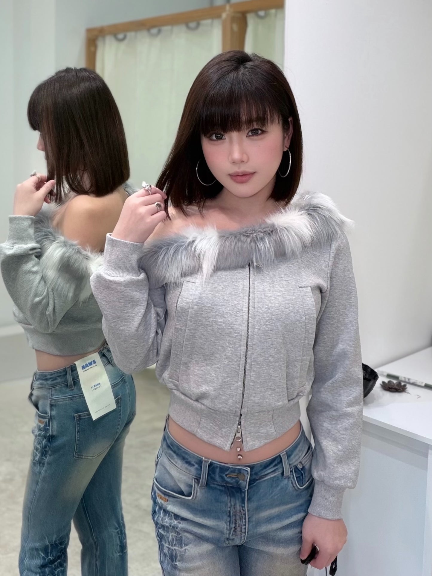 YJ1 ONE SHOULDER FAUX FUR CAPLESS JACKET IN GRAY