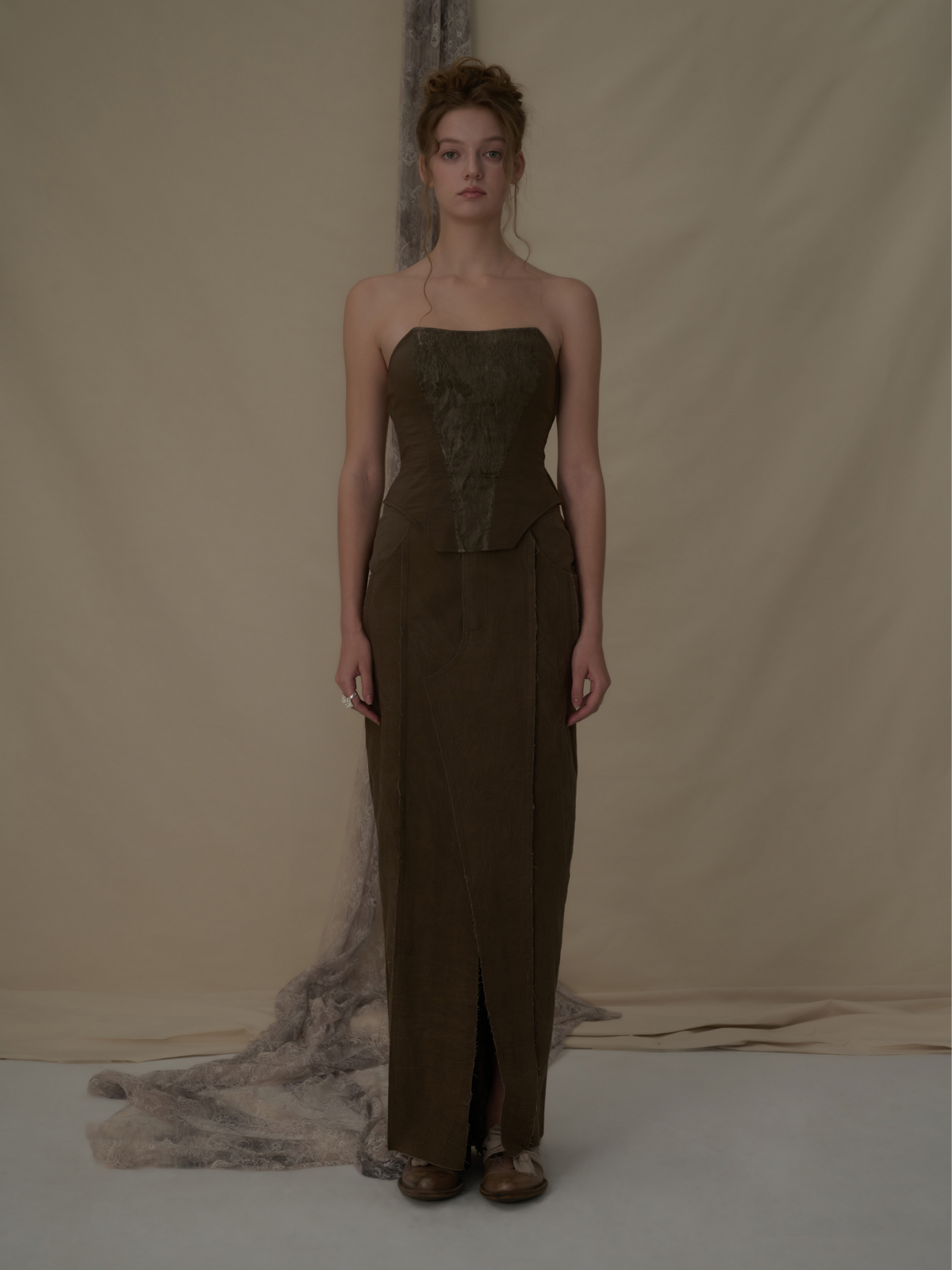 Elywood BROWN BLENDED PATCHWORK STRAIGHT MID-LENGTH SKIRT