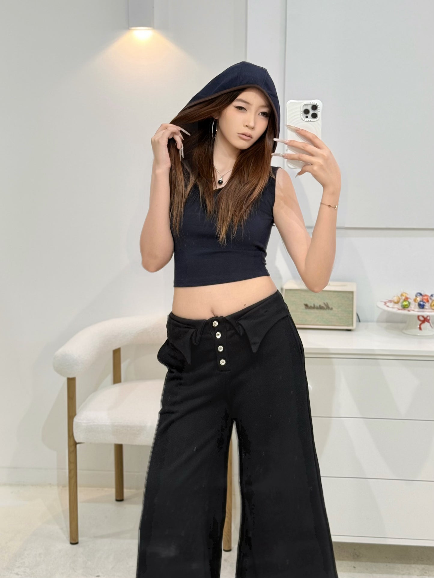 YJ1 DOUBLE-LAYER COLLAR WIDE-LEG PANTS IN BLACK