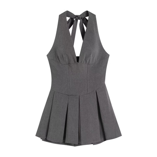 YJ1 GREY HALTER NECK LACE-UP MINI DRESS