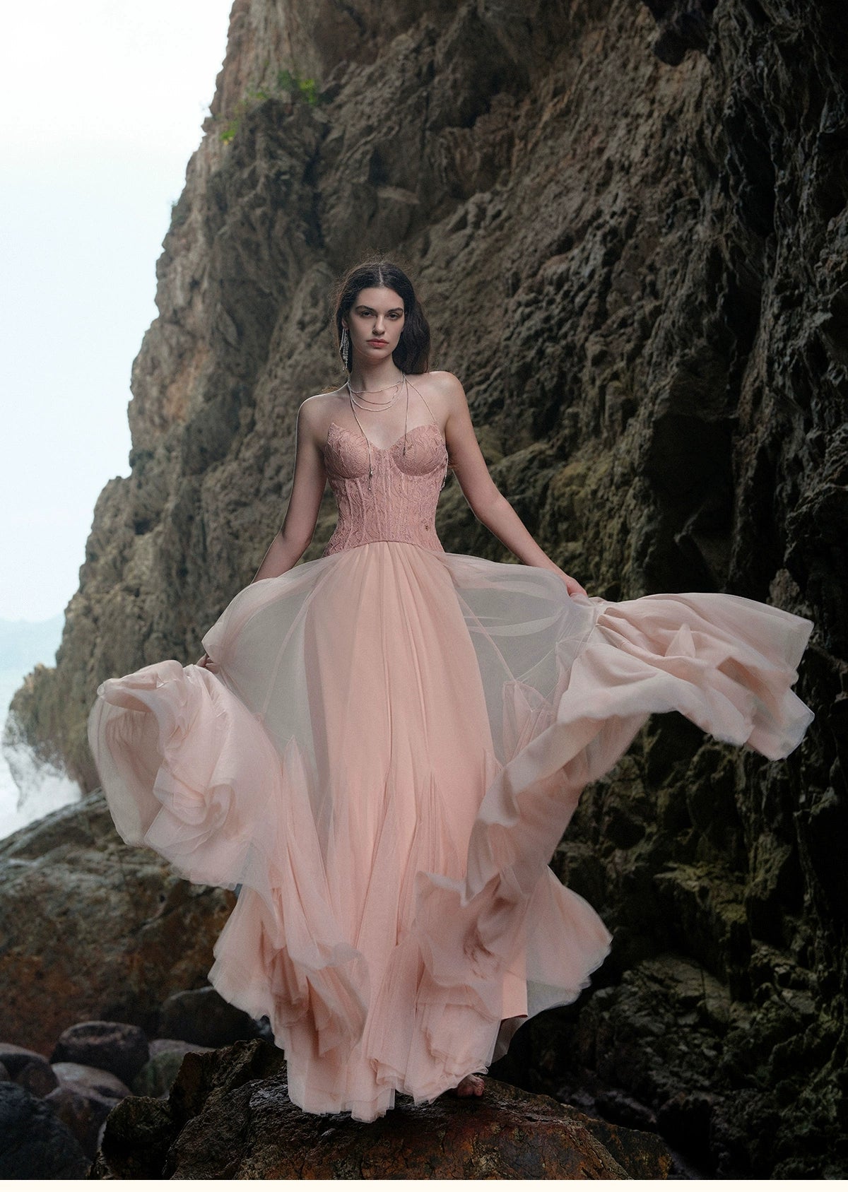 Sheer Luck Heavy Lace Corset Mesh Maxi Dress-pink