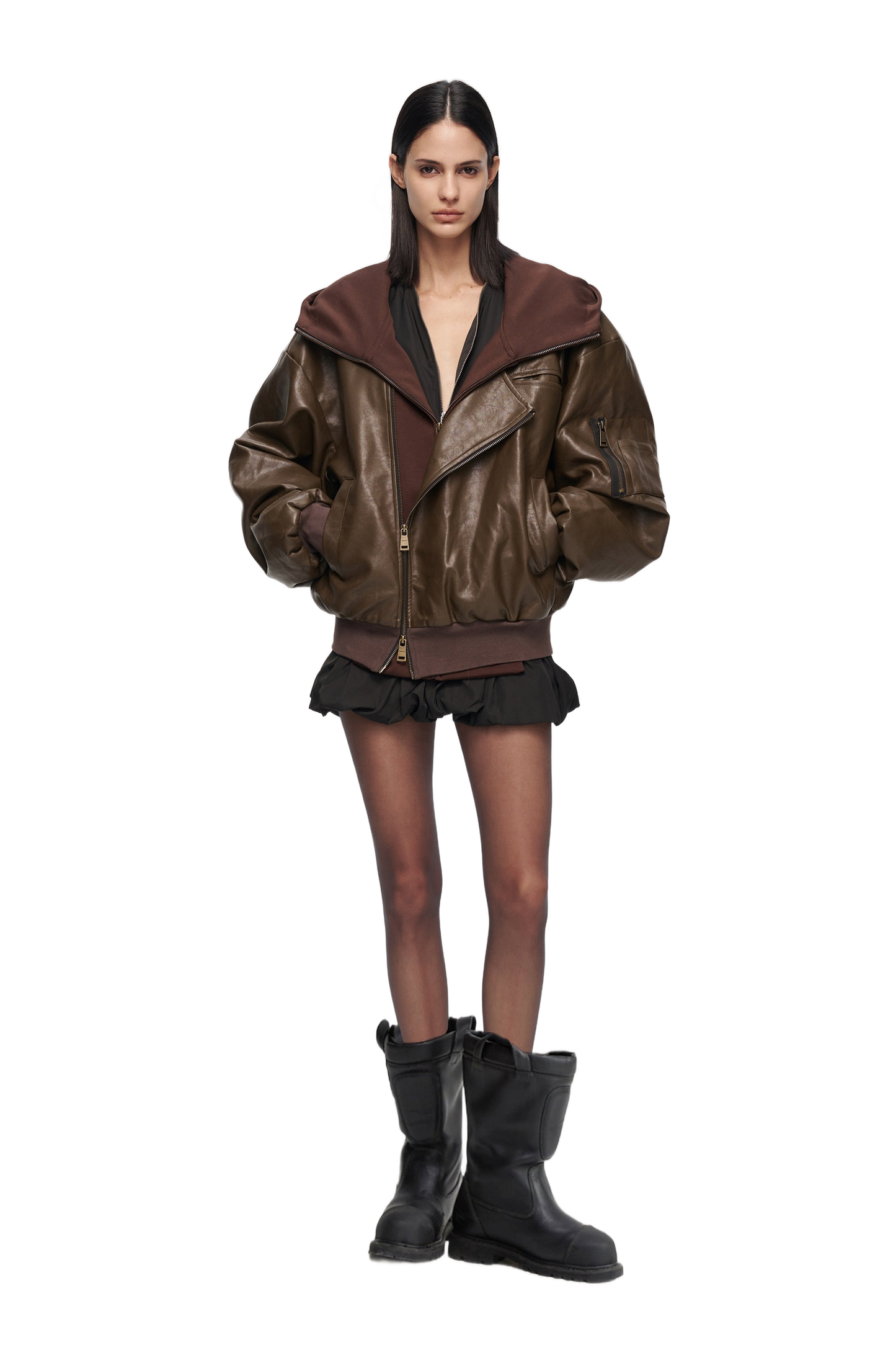 YJ1 OVERSIZED LEATHER BOMBER JACKET IN BROWN