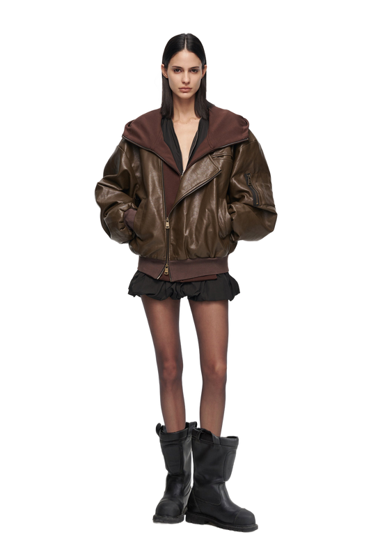 YJ1 OVERSIZED LEATHER BOMBER JACKET IN BROWN