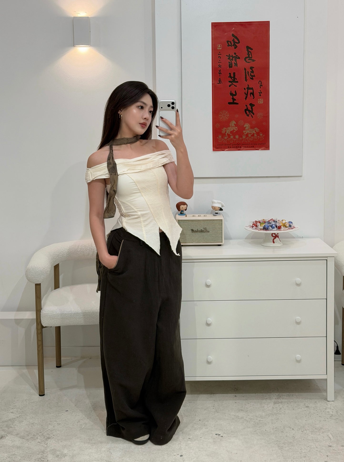 ELYWOOD OLIVE LINEN BELTED WIDE-LEG PANTS