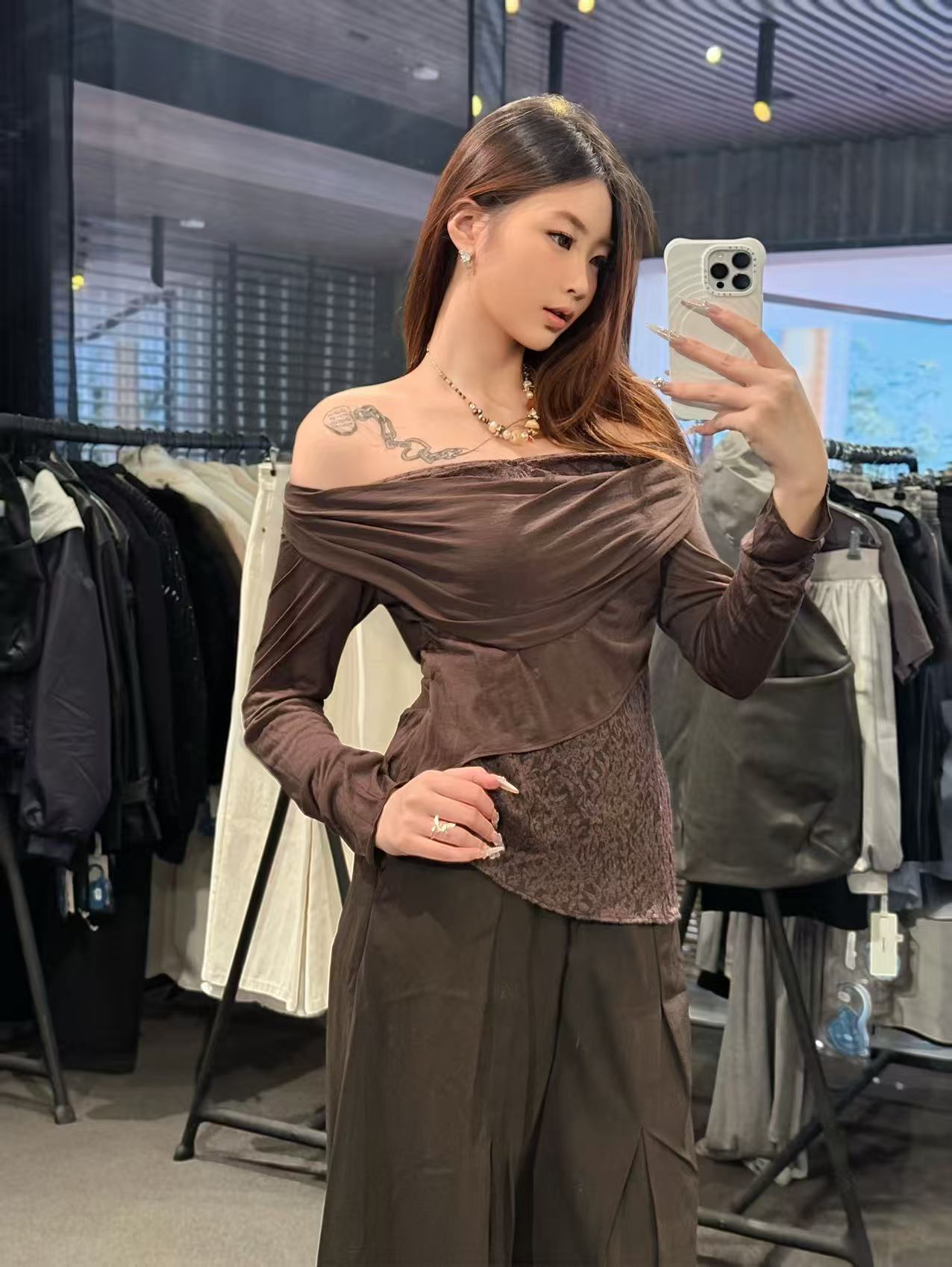 ELYWOOD DARK BROWN KNIT LACE DRAPED NECK TOP