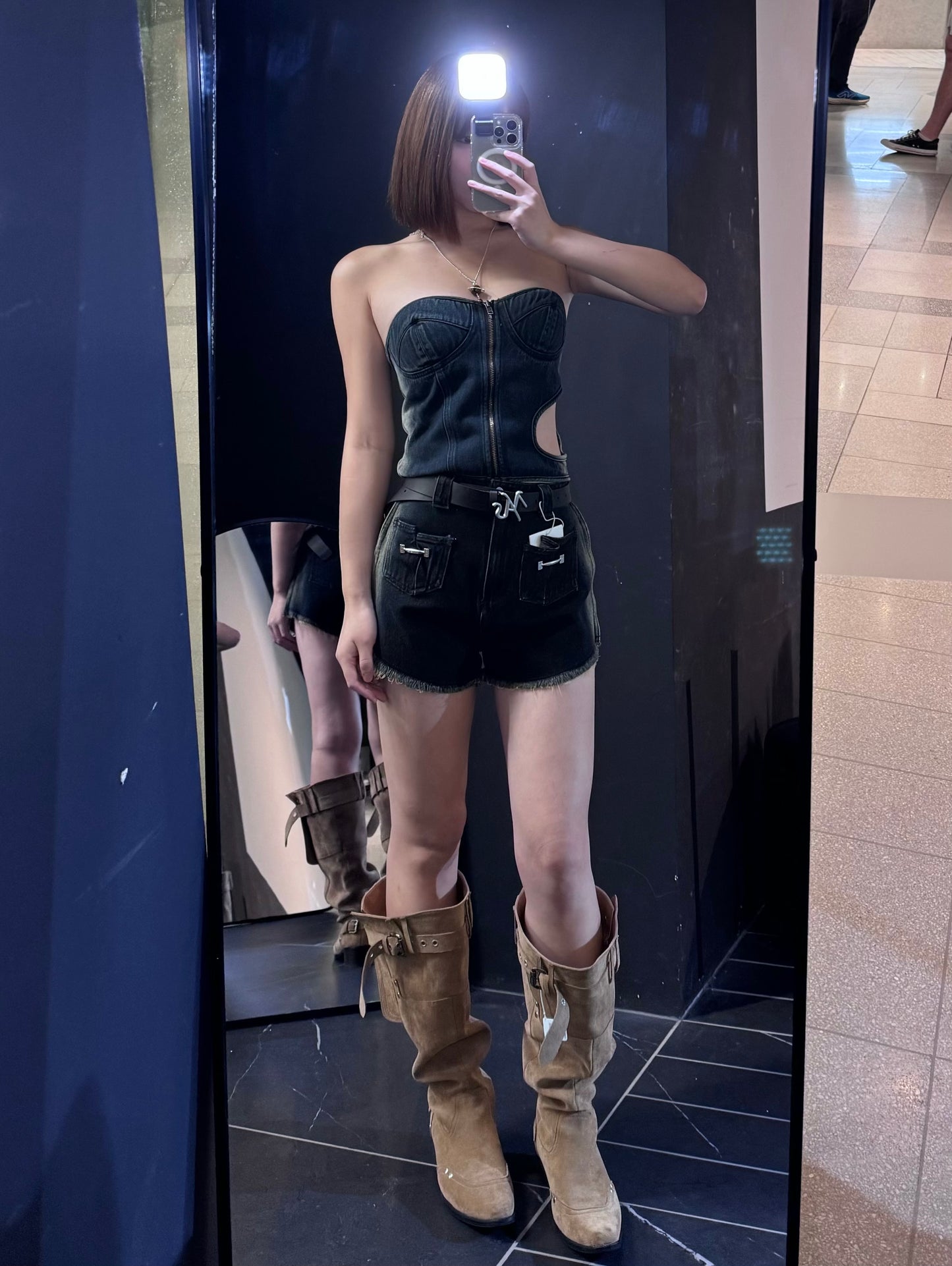 YJ1 CUT-OUT DENIM TUBE TOP
