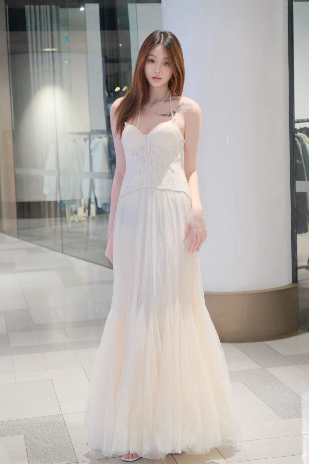 Sheer luck Heavy Lace Corset Mesh Maxi Dress-apricot