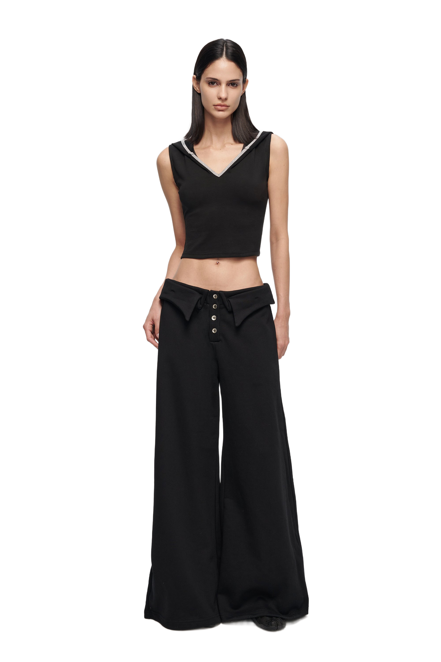 YJ1 DOUBLE-LAYER COLLAR WIDE-LEG PANTS IN BLACK