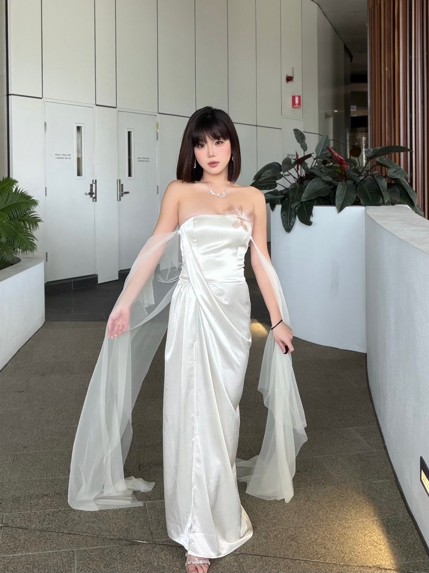 Crow Crew Satin Strapless Ribbon Maxi Dress