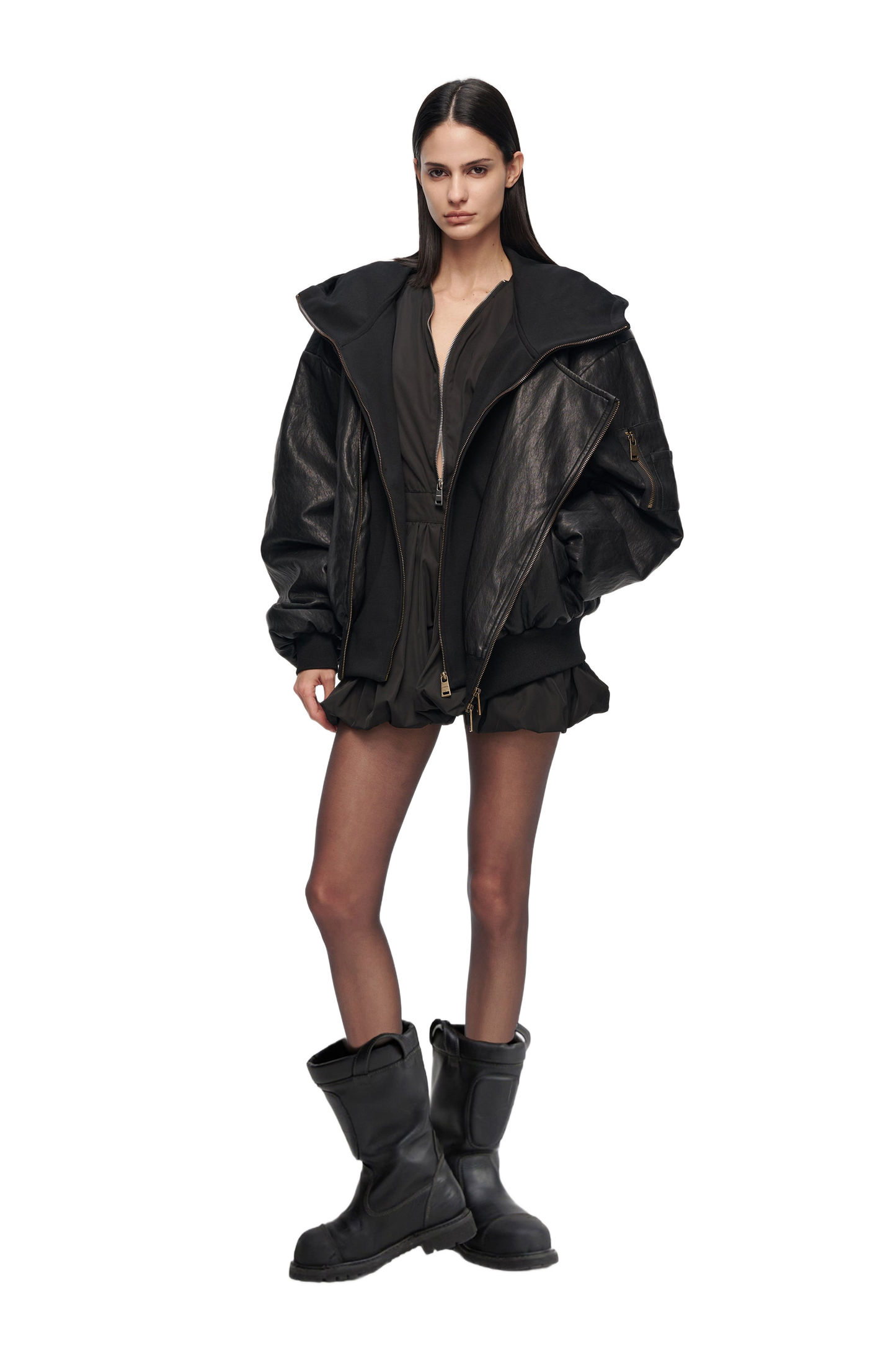 YJ1 OVERSIZED LEATHER BOMBER JACKET IN BLACK