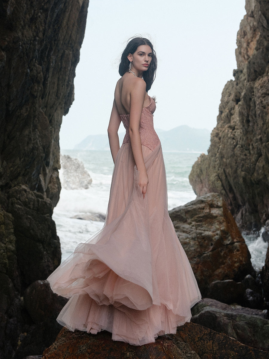 Sheer Luck Heavy Lace Corset Mesh Maxi Dress-pink