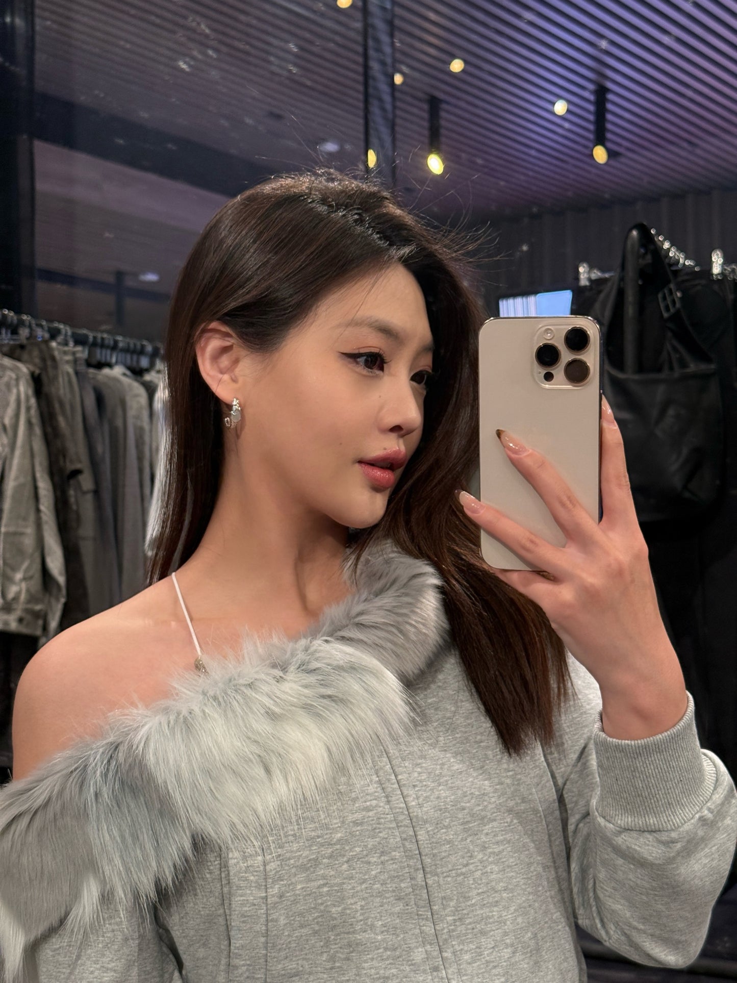 YJ1 ONE SHOULDER FAUX FUR CAPLESS JACKET IN GRAY