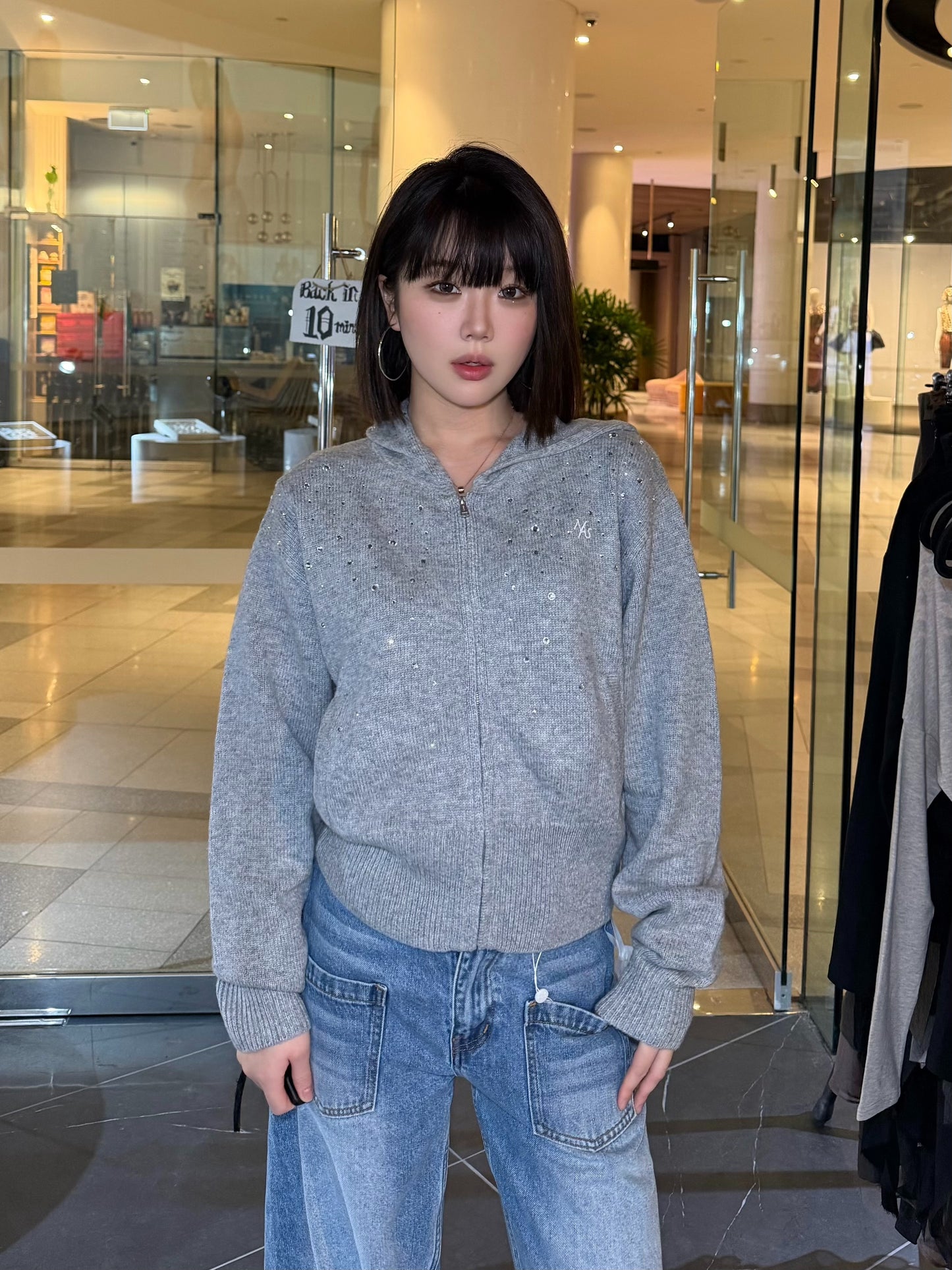 NAWS MIST GRAY GLITTER HOODED KNITWEAR