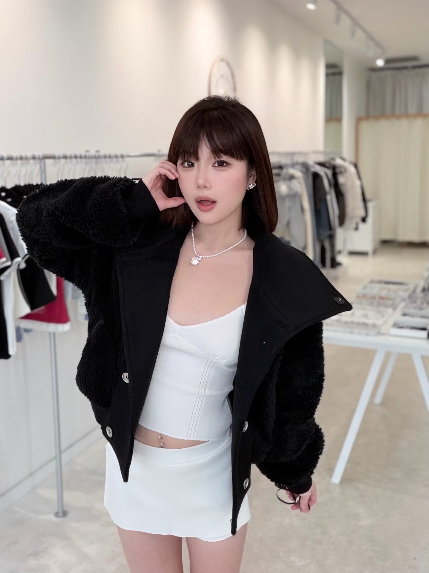 YJ1 HIGH NECK TEDDY WOOL FLEECE CROPPED JACKET