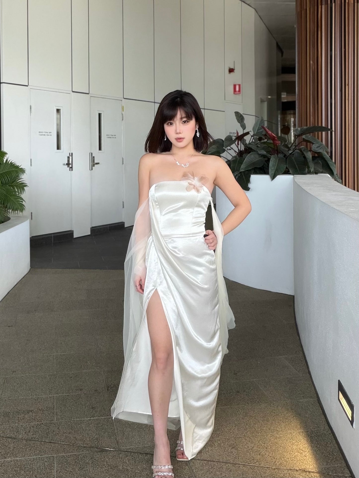 Crow Crew Satin Strapless Ribbon Maxi Dress