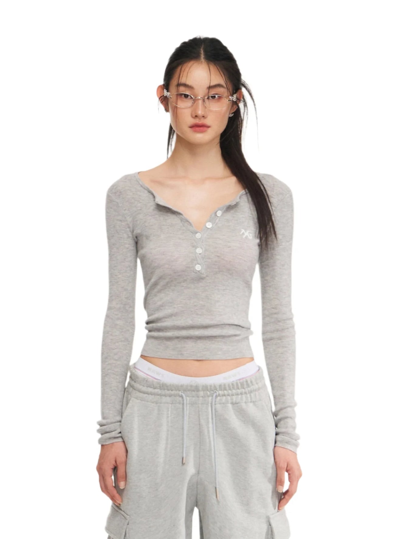 NAWS GRAY TWISTED HENLEY COLLAR KNITWEAR TOP