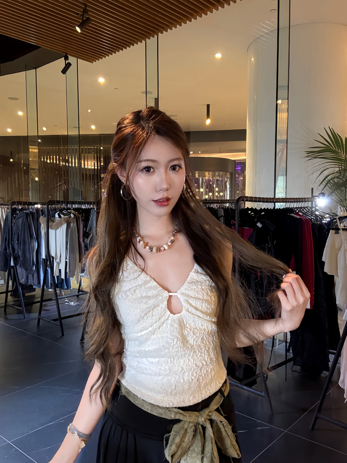 ELYWOOD OFF-WHITE LACE PLEATED CAMISOLE