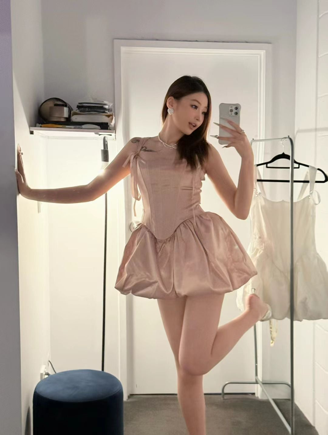 Sheer luck elegant pink waistline mini Bubble dress